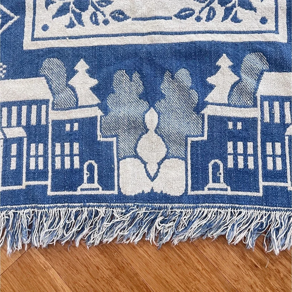 Lovebirds Woven Throw Blanket 53x44 Blue Folk Art Bird Heart Cotton Americana